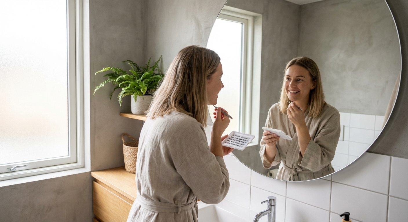 Rõõmus naine vannitoapeegli ees ripsmetoodet kasutamas, keskmise laiusega võte