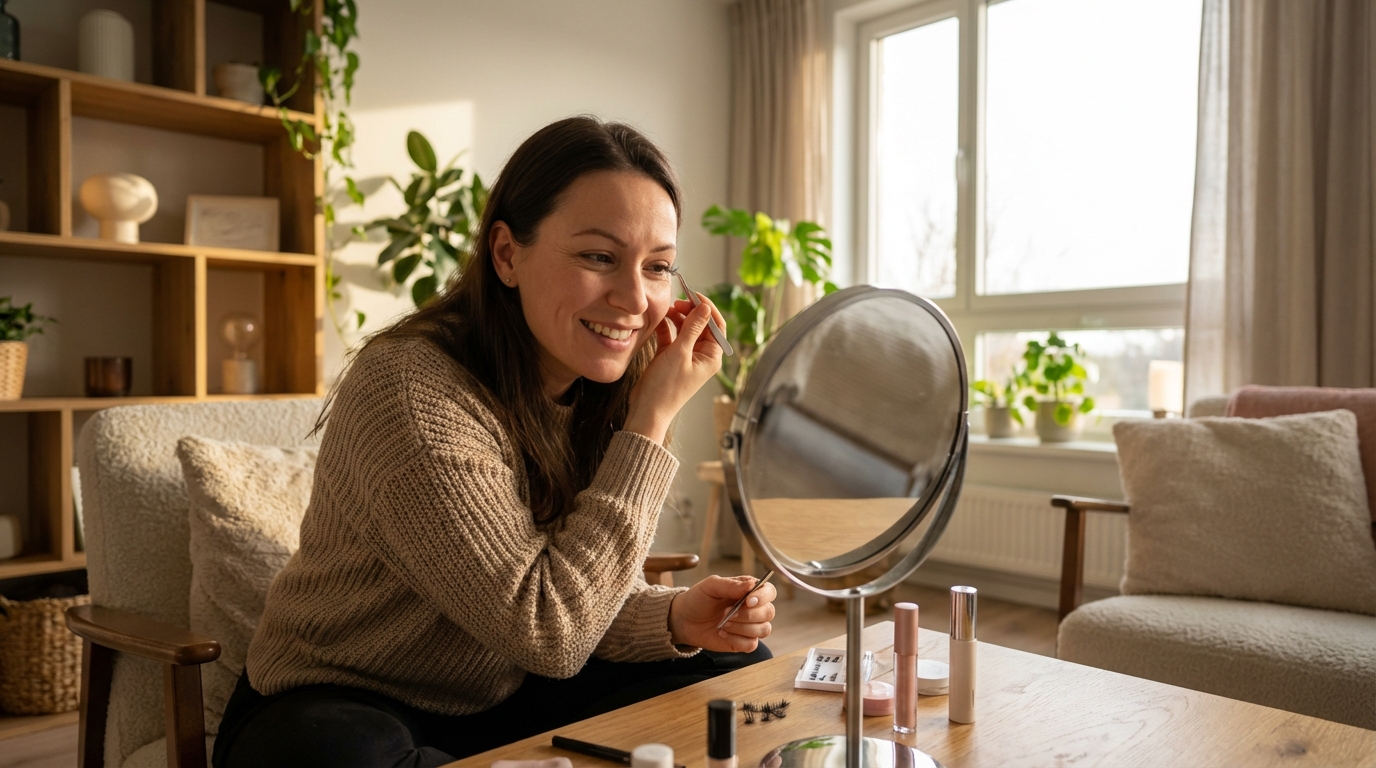 Улыбающаяся женщина самостоятельно наклеивает пучковые ресницы Afterglow дома, добиваясь естественных и пышных ресниц