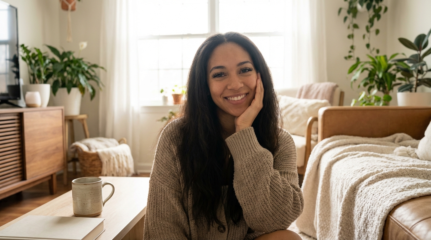 Wide shot of a happy young woman with long natural eyelashes, relaxing in a home setting