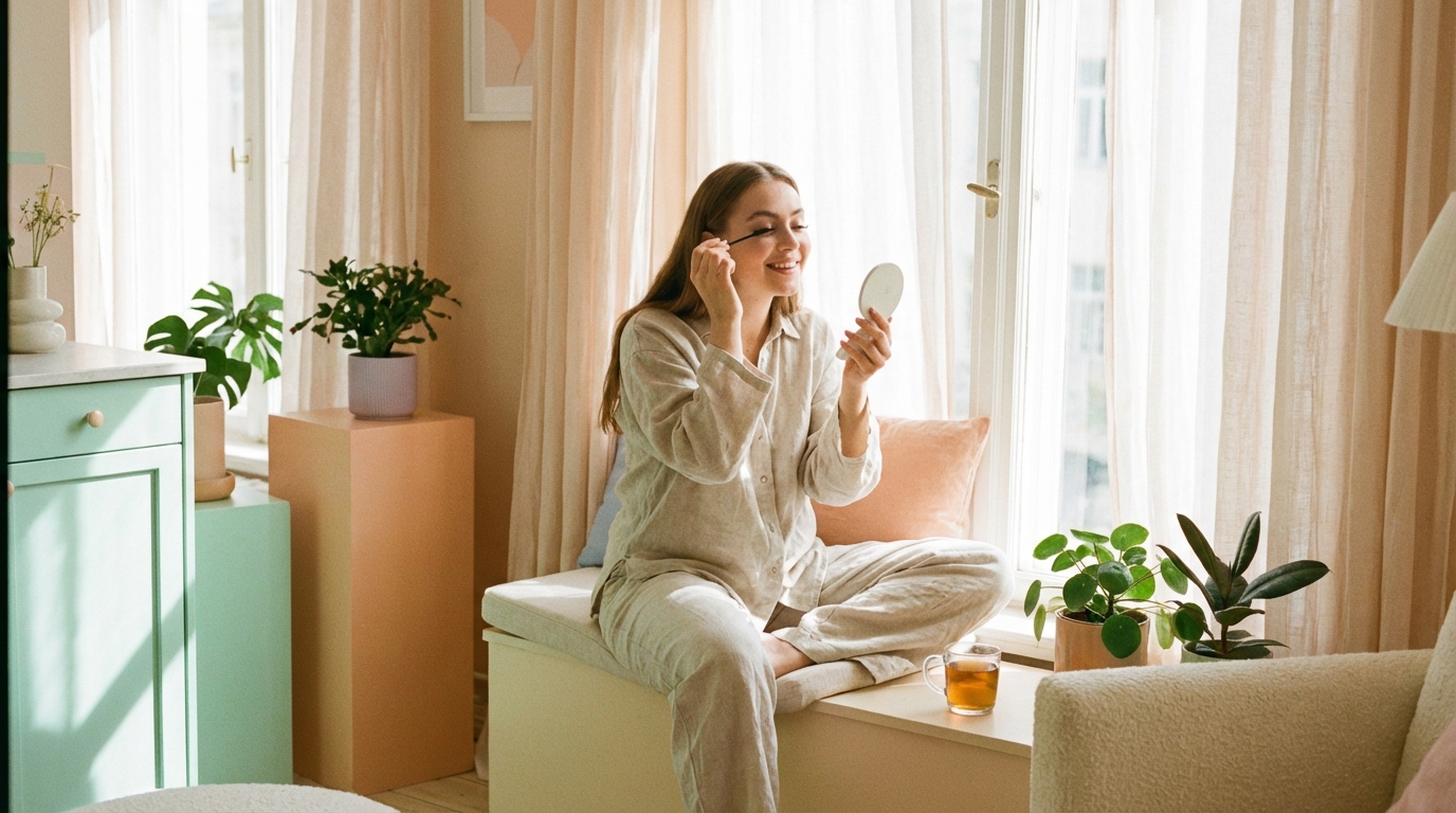 Счастливая молодая женщина с естественно красивыми длинными ресницами, общий план