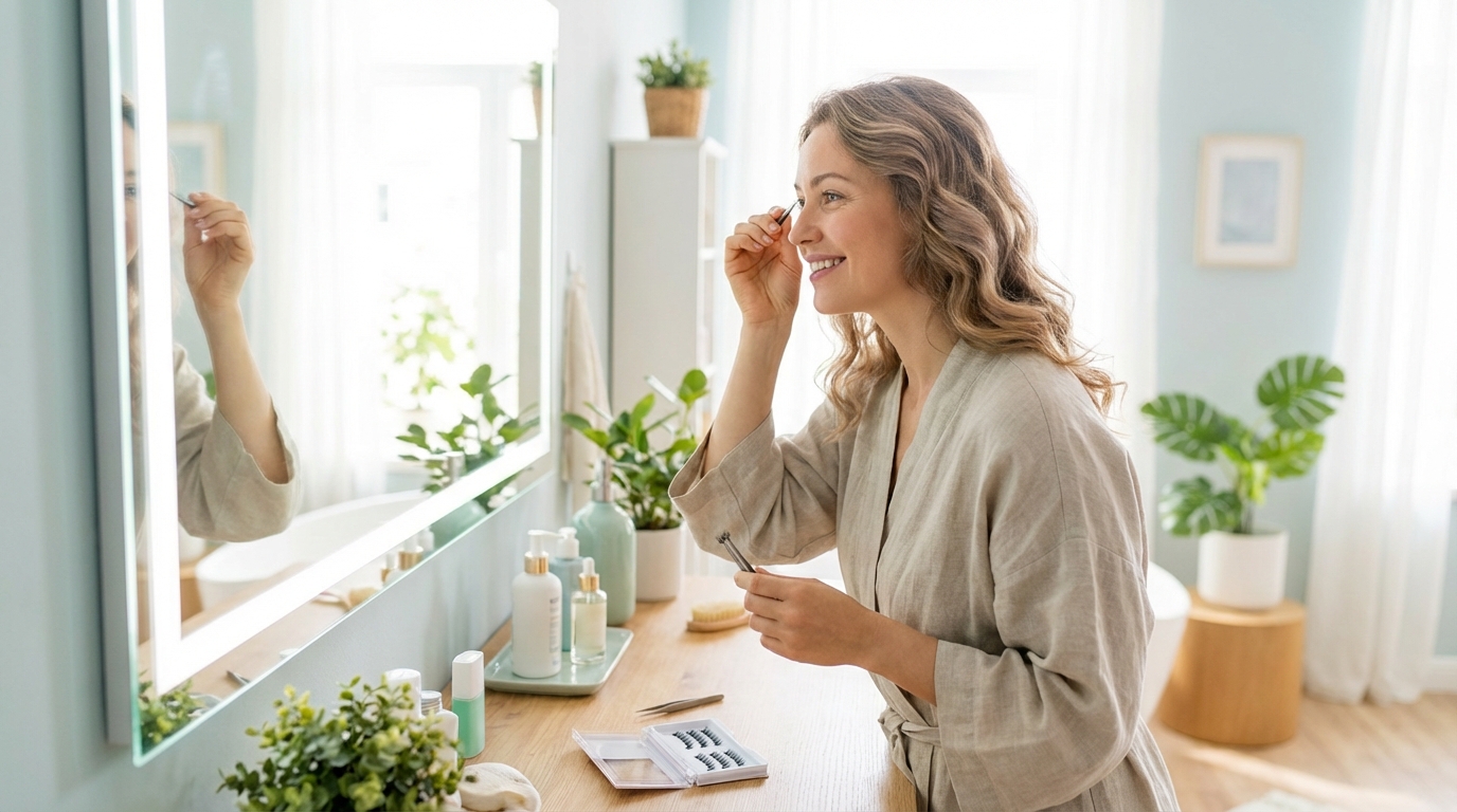 Lai plaan naeratavast naisest, kes paigaldab pintsettidega ripsmetutikuid koduses vannitoas