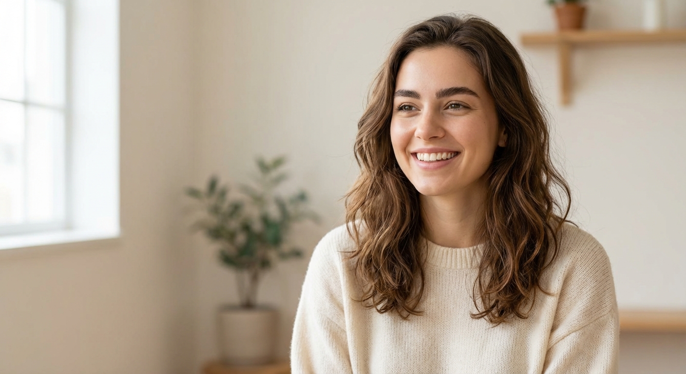 Jauna sieviete ar dabiski koptām uzacīm smaidot gaišā telpā