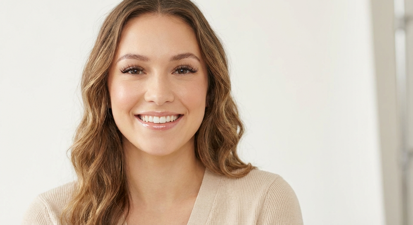 Õnnelik noor naine pikkade loomulike ripsmetega, puhas hele ilustiil