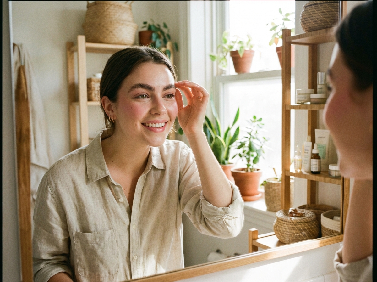Smaidīga jauna sieviete ar dabiski kuplām uzacīm un vieglu ikdienas grimu