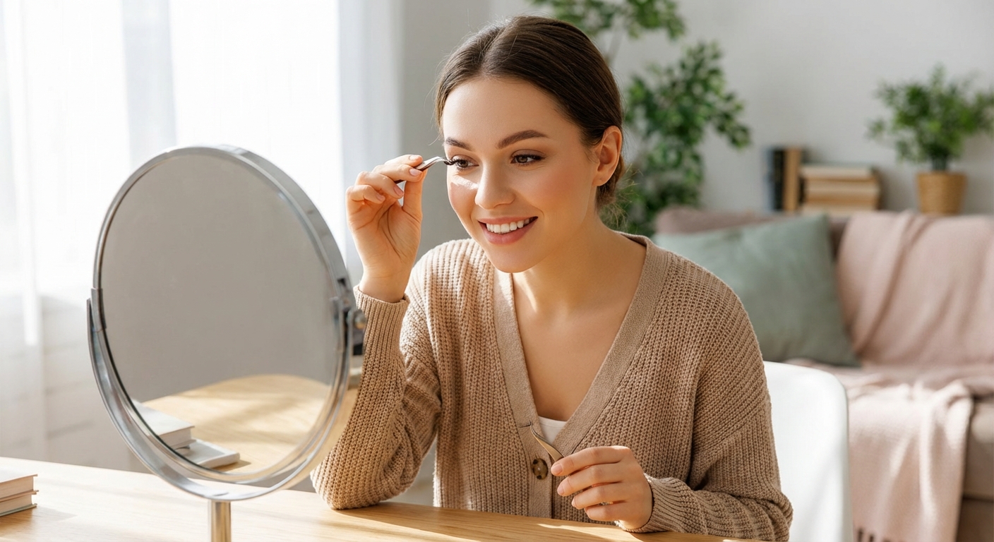 Naeratav naine paigaldab ripsmetutikuid peegli ees koduses valgusküllases toas