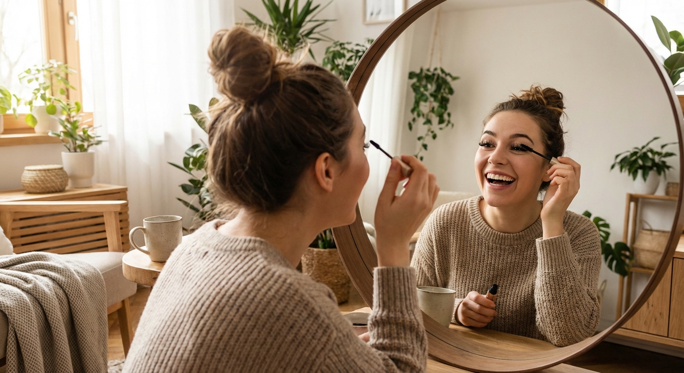 Rõõmus noor naine koduses keskkonnas ripsmeid hooldamas, kaasaegne ilurutiin