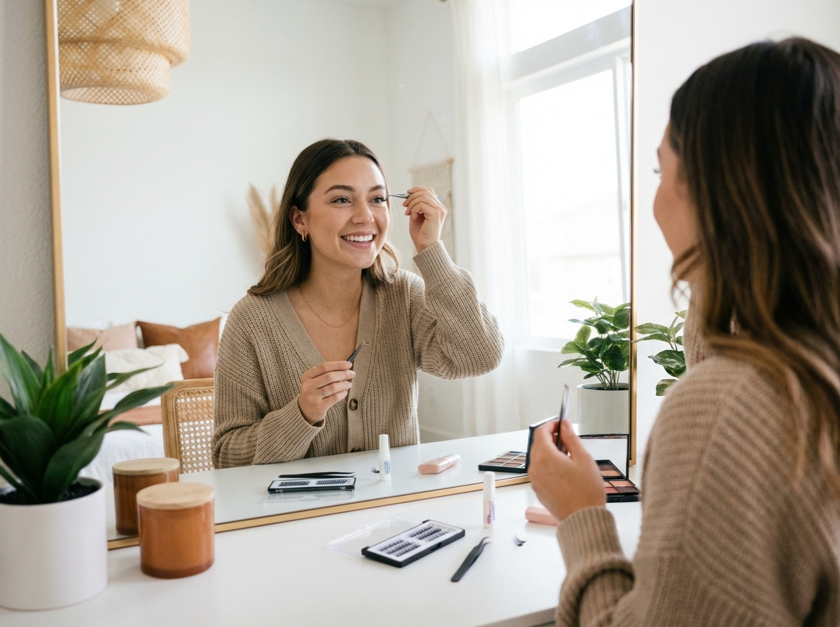 Smaidīga jauna sieviete spoguļa priekšā rūpīgi uzliek skropstu pušķīšus