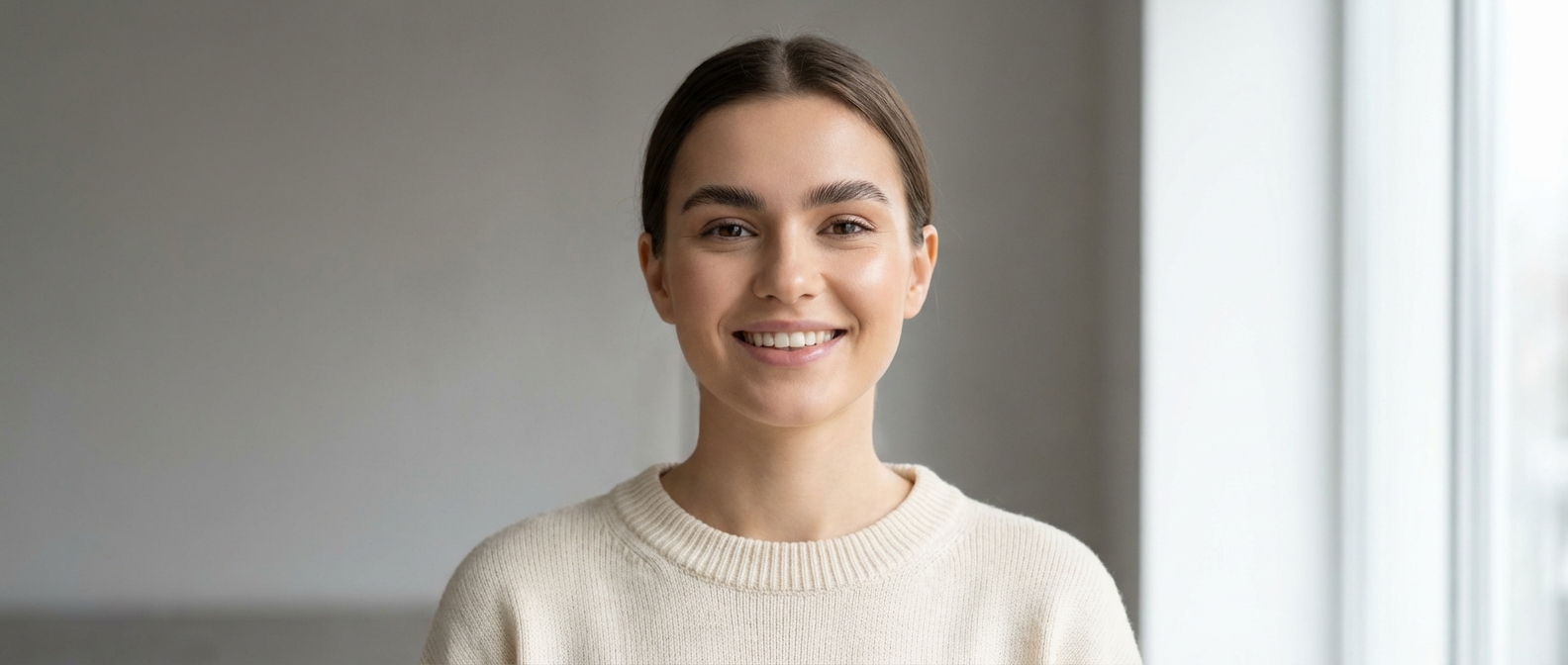 Laimīga jauna sieviete ar dabiskām koptām uzacīm, kas iegūtas ar vieglu uzacu želeju